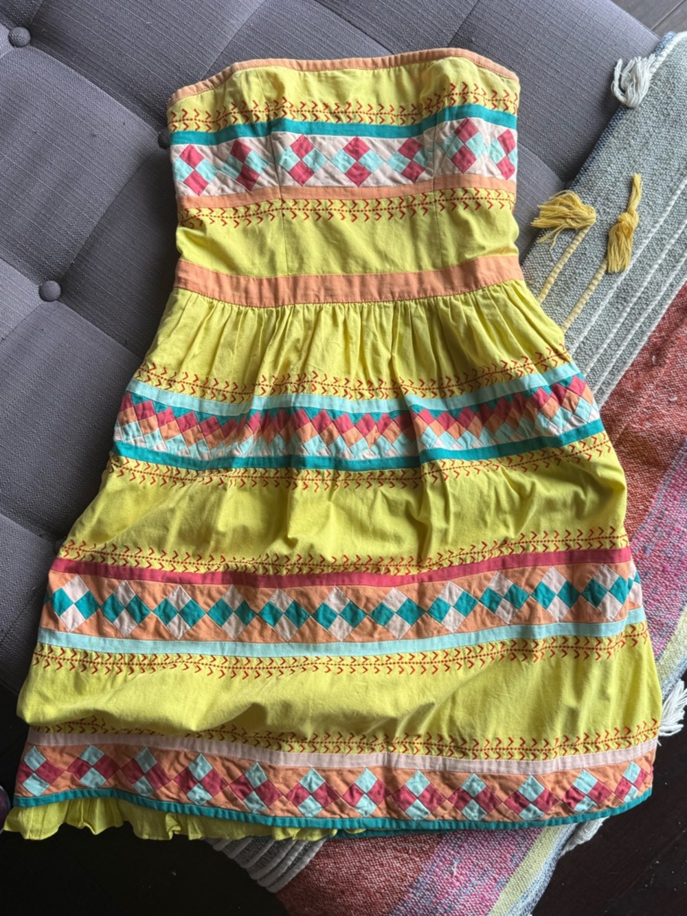 Anthropologie yellow patchwork Leifsdottir Ribboned Quilotoa Dress
